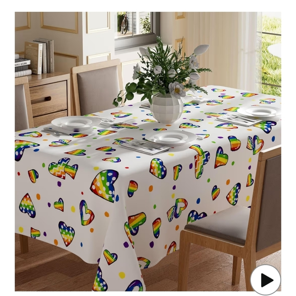 NWT Colorful Rainbow Heart Pattern Tablecloth Square 60 X 60 Inches